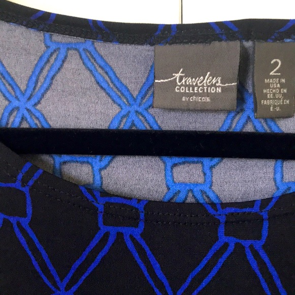 CHICO’S TRAVELERS BLACK AND COBALT PRINT TOP - Picture 3 of 4